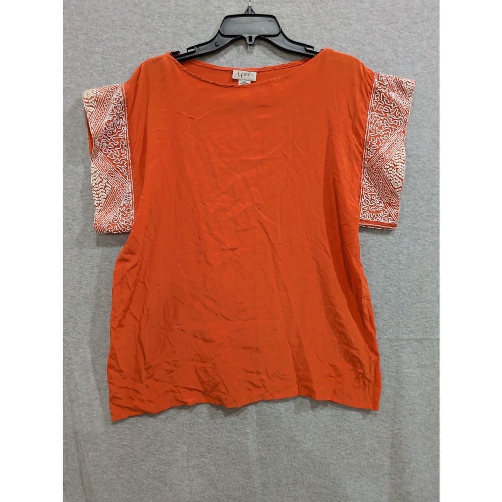 Mure‎ Blouse Womens 12  100% Silk Satin Beaded Short Sleeve Casual Solid Orange